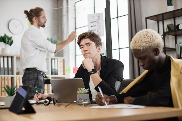 Photo company managers working at office room deadlines concept