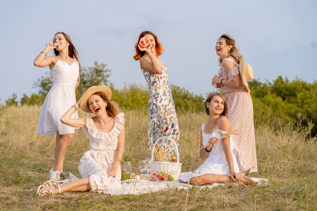 The company of stylish happy female friends having fun on outdoor retro style picnic party