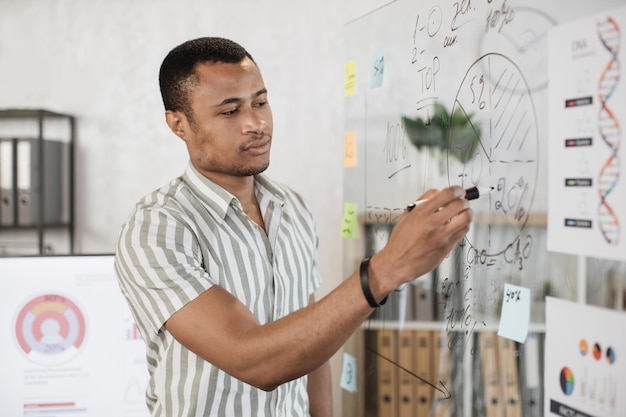 Company worker presenting financial report during business meeting