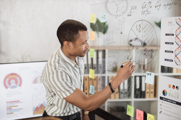 Photo company worker presenting financial report during business meeting