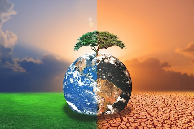 干ばつと地球温暖化の効果と新鮮なエリアの比較画像 ブラシの交換のコンセプト 世界を愛し 環境を救う
