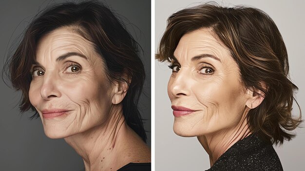 Photo compare two versions of the same photo of a woman in her 50s