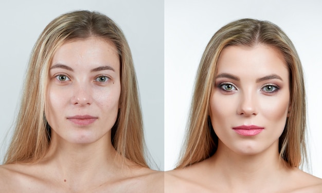 Photo comparison of a beautiful blonde girl without and with makeup