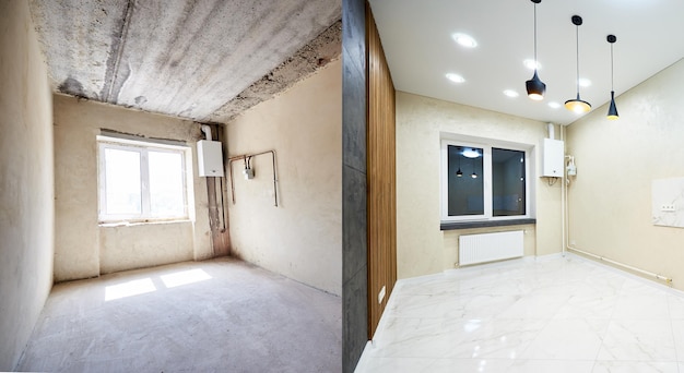 재건 전과 후의 개인 주택에 있는 크고 아름다운 방의 비교 스냅샷: 빈 회색 벽과 개조된 밝은 타일 방