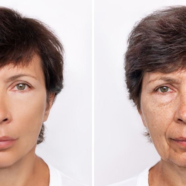 Photo comparison of young and aged woman's face. youth and old age. the process of aging and rejuvenation