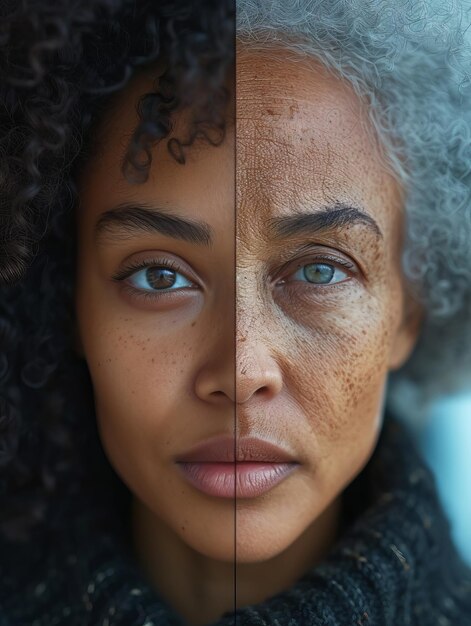 Foto confronto giovane e anziano volto di bella donna afroamericana concetto di vita salute e bellezza