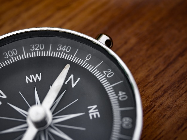 Compass on the brown wooden table background