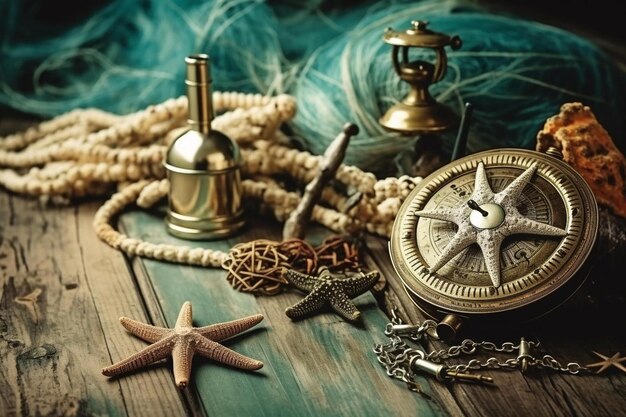 a compass and a compass are on a table with other items