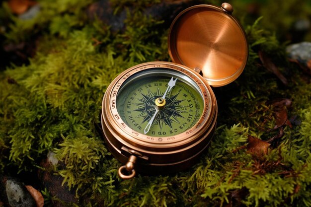 Compass in the forest against the background of moss and tree leaves