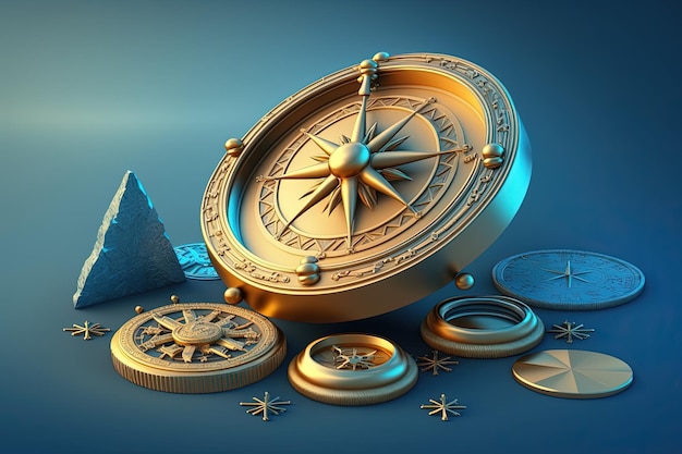 Compass and gold coins on blue background digital illustration AI