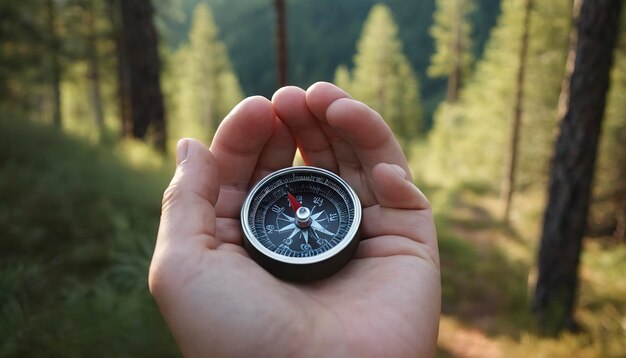 自然の松の森の背景にあるコンパス森の風景の中でコンパスを握る手