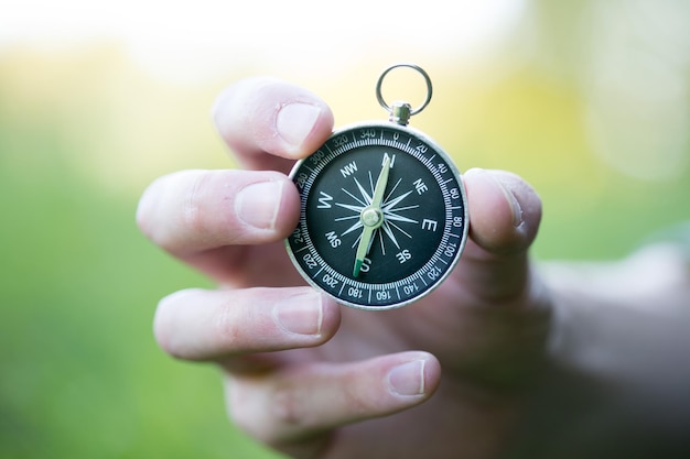 Compass holding in the hand outdoor adventure