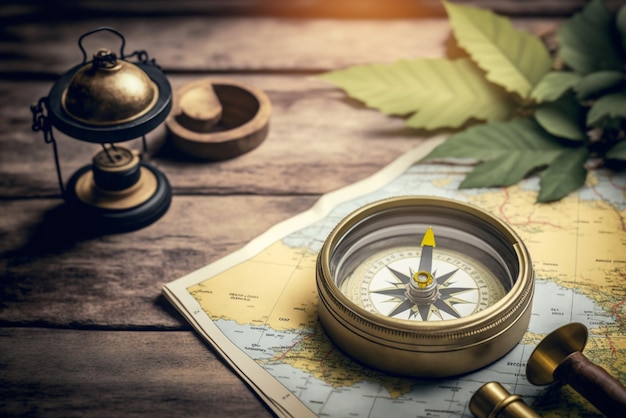 A compass lies on a map symbolizing the idea of exploration and travel adventure