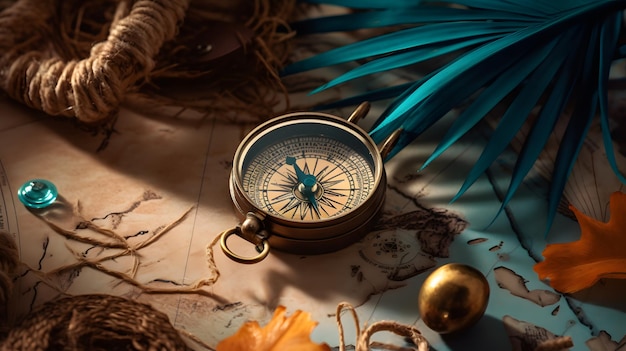 A compass on a map with a blue feather next to it