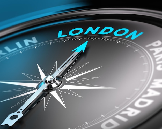 Compass needle pointing the city of london. Illustration of travel destination.