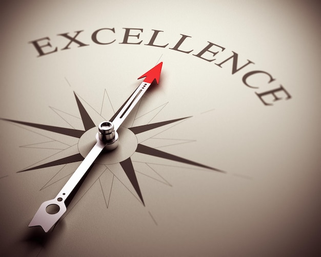 Compass needle pointing the word excellence, image suitable for business concept. 3D render illustration.