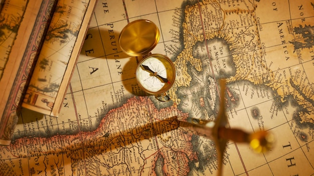 A compass on an old map with a compass on it
