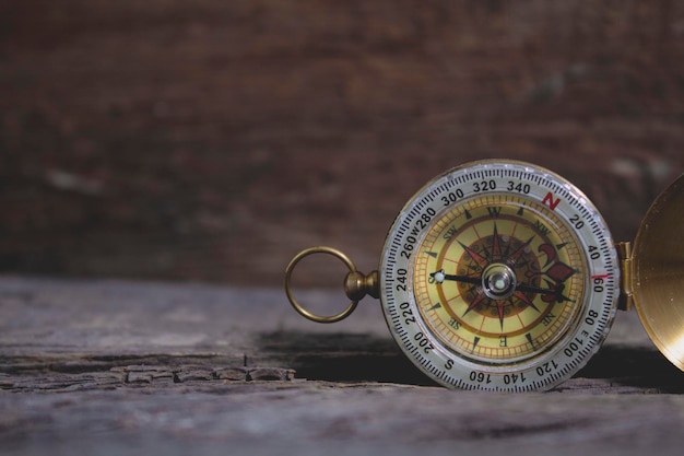 Compass on an old wooden table