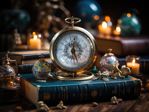 A compass placed on top of books on the table