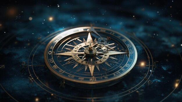 Compass pointing to goals against illuminated beautiful space