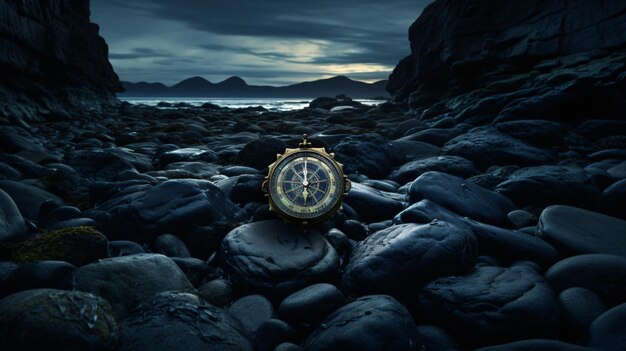 Compass on rocks with a dark sky