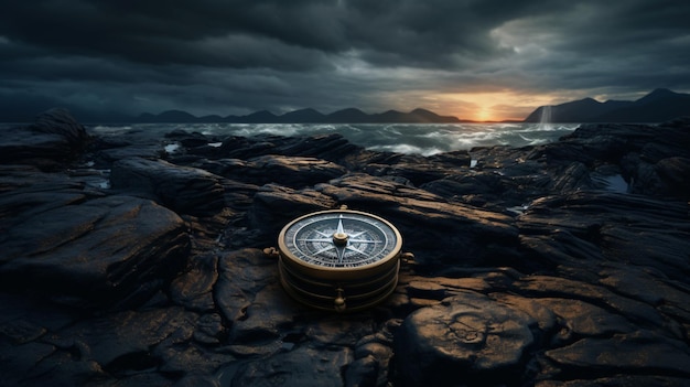 Compass on rocks with a dark sky