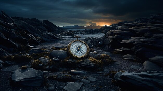 Photo compass on rocks with a dark sky