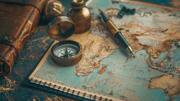 a compass sits on a map of the world