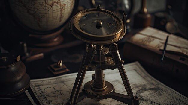 A compass sits on top of a map that says the compass is on a desk.