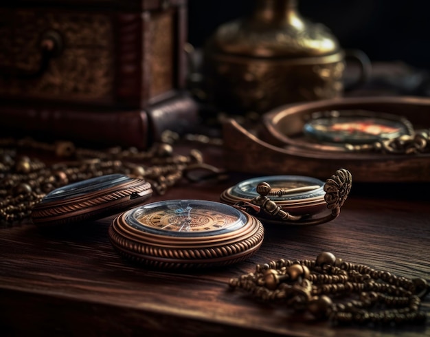 A compass and a watch on a table