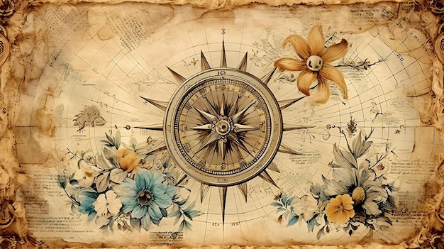 a compass with flowers and a compass on it