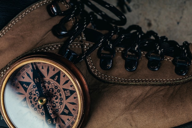 Photo compass with hiking-boots