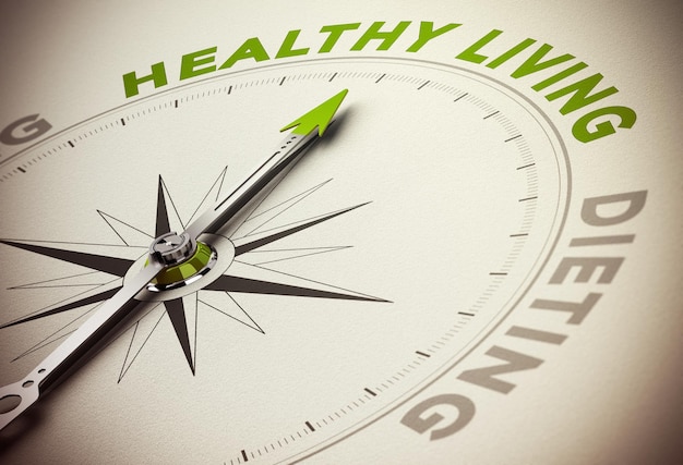 Compass with needle pointing the main green word and blur effect. Concept for healthy living versus dieting.