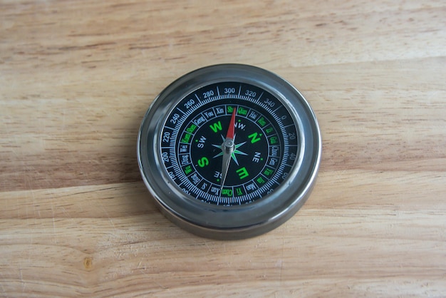 Compass on a wooden surface