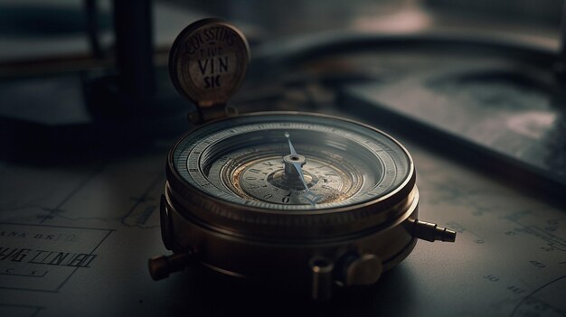 Compass on the wooden table Vintage compass on dark backgroundgenerative ai