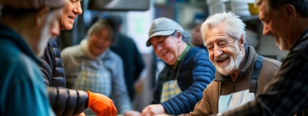 Foto baby boomers compassionevoli che fanno volontariato in una mensa per i poveri