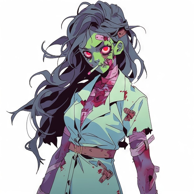 A compassionate female doctor turned zombie in a cartoon style on a white background