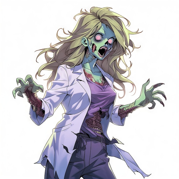 A compassionate female doctor turned zombie in a cartoon style on a white background