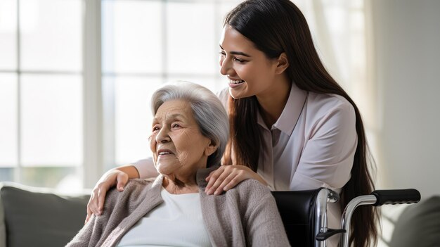 Photo compassionate healthcare with a touching portrait of a nurse and her senior client in a wheelchair