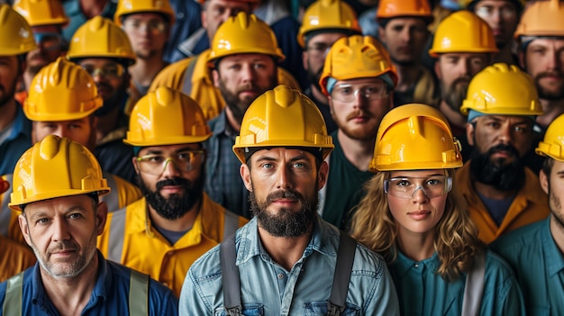 A compelling portrait of a large focused group of construction workers in safety gear