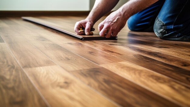 Photo competent builder man laying cover flooring at family creative resource ai generated