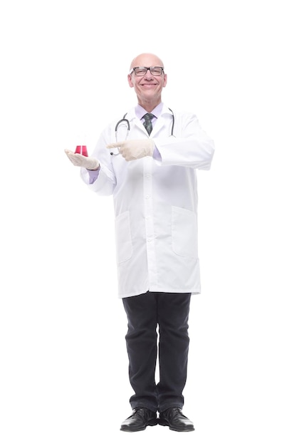 Competent doctor with a laboratory flask isolated on a white