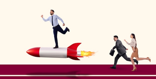 Competition in business Man pulling ahead by using rocket while others running Illustration of spaceship