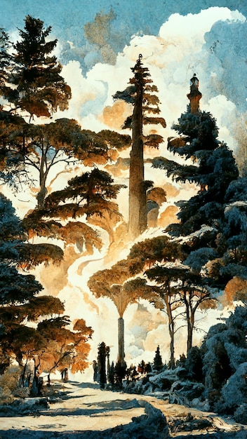 Competition of pine trees to sunlight necessary to sustain 3d\
illustration