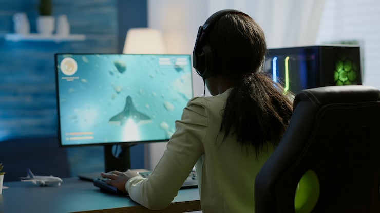 Photo competitive african gamer sitting on gaming chair, using headphone playing space shooter videogames on rgb powerful computer. pro woman streaming cyber performing during online esports tournament