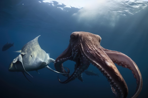 Competitive battle between octopus kraken and great white shark for survival in the deep