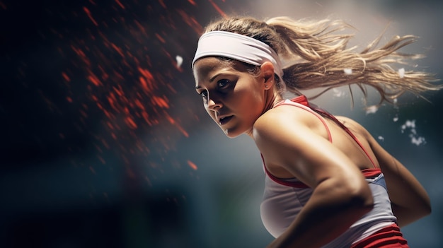 사진 경쟁력 있는 집중력 있는 젊은 여성 테니스 선수가 어두운 배경에서 경기에서 움직이고 있습니다.