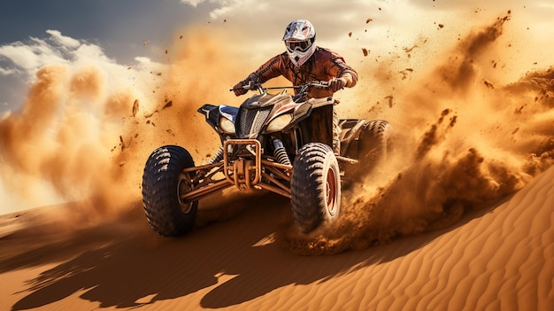 Competitive quad biker kicking up a plume of sand while racing over a sand dune Generate AI