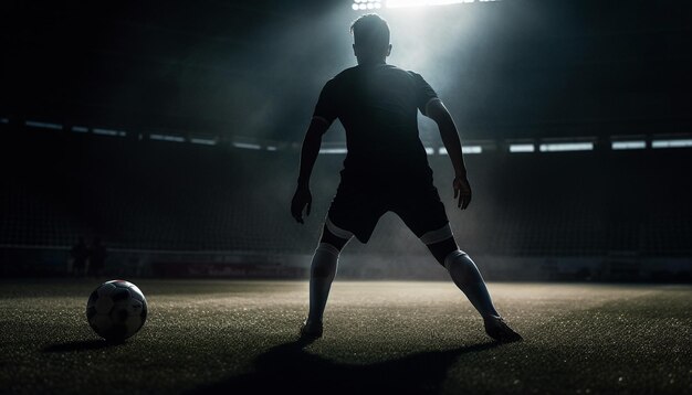 Competitive sport spotlight men playing soccer under blue lighting equipment generated by artificial intelligence