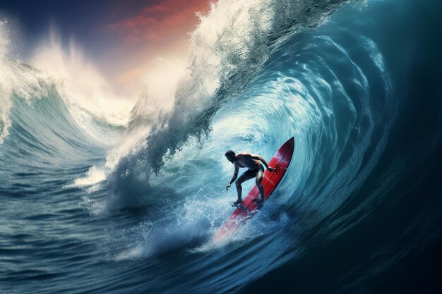 Photo competitive surfers catching waves in a surfing generative ai